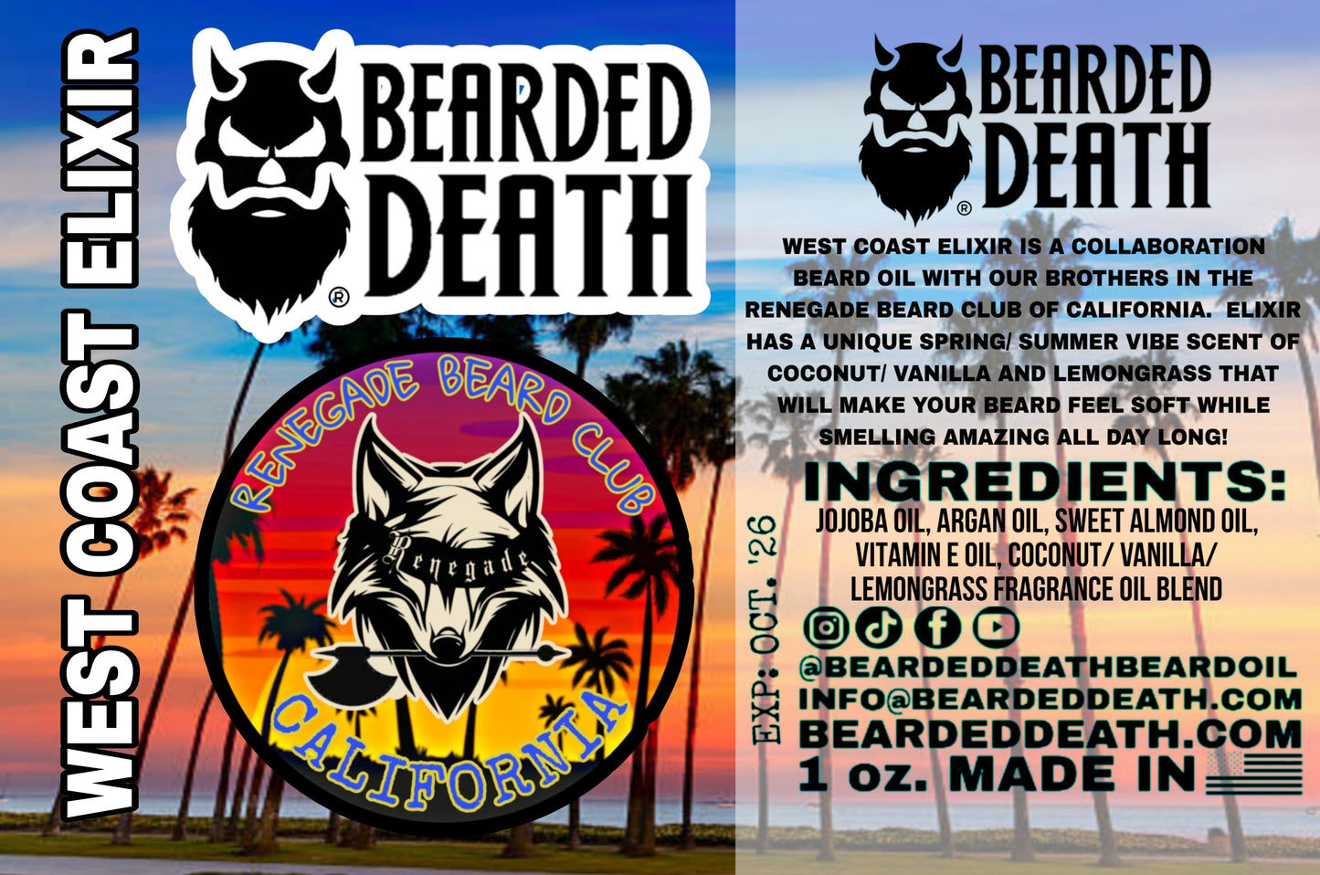 BEARDED DEATH/RENEGADE BEARD CLUB OF CALIFORNIA WEST COAST ELIXIR BEARD OIL 1 oz.