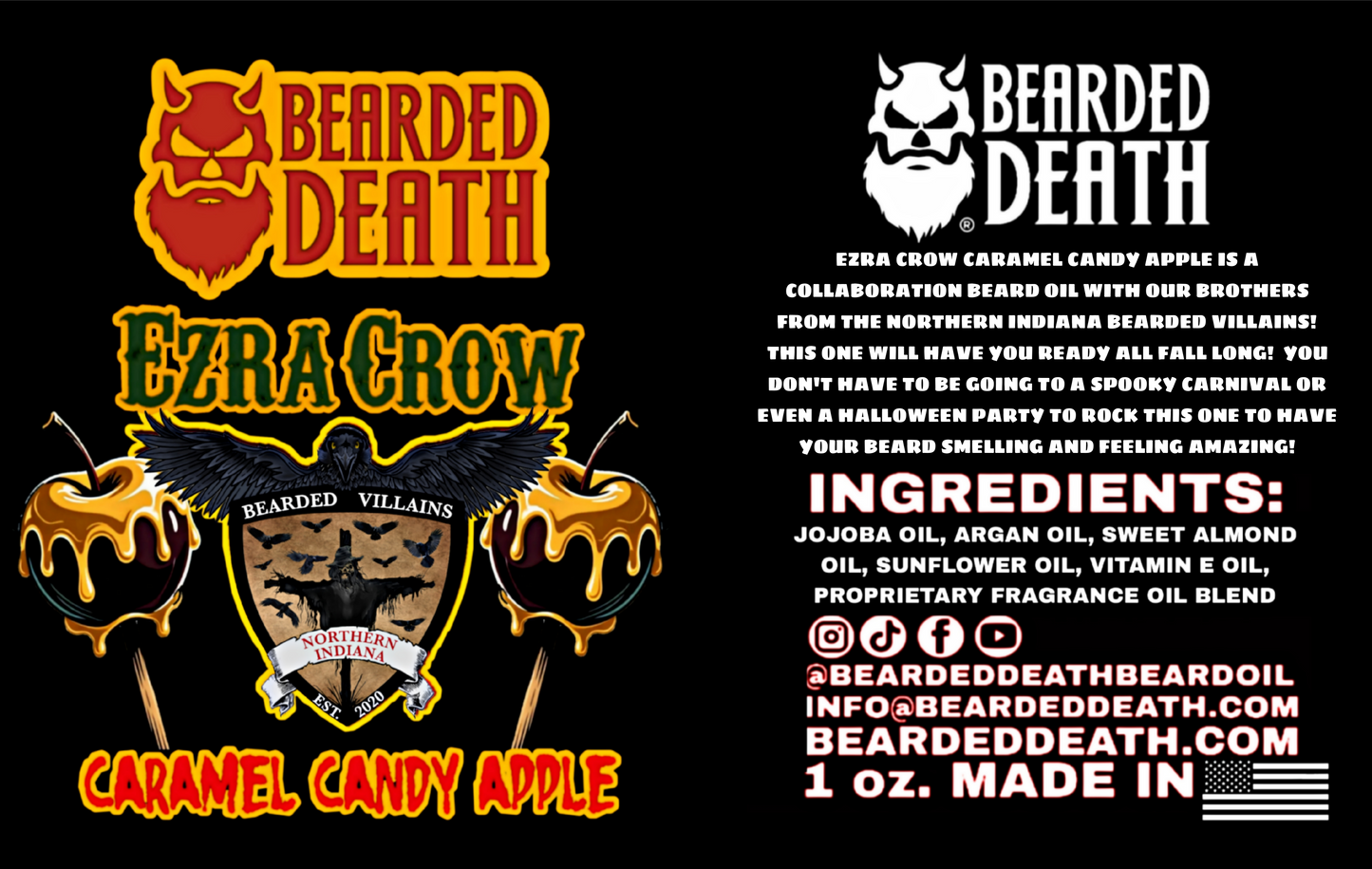 BEARDED DEATH/ BEARDED VILLAINS NORTHERN INDIANA COLLABORATION BEARD OIL EZRA CROW CARAMEL CANDY APPLE BEARD OIL 1 oz.