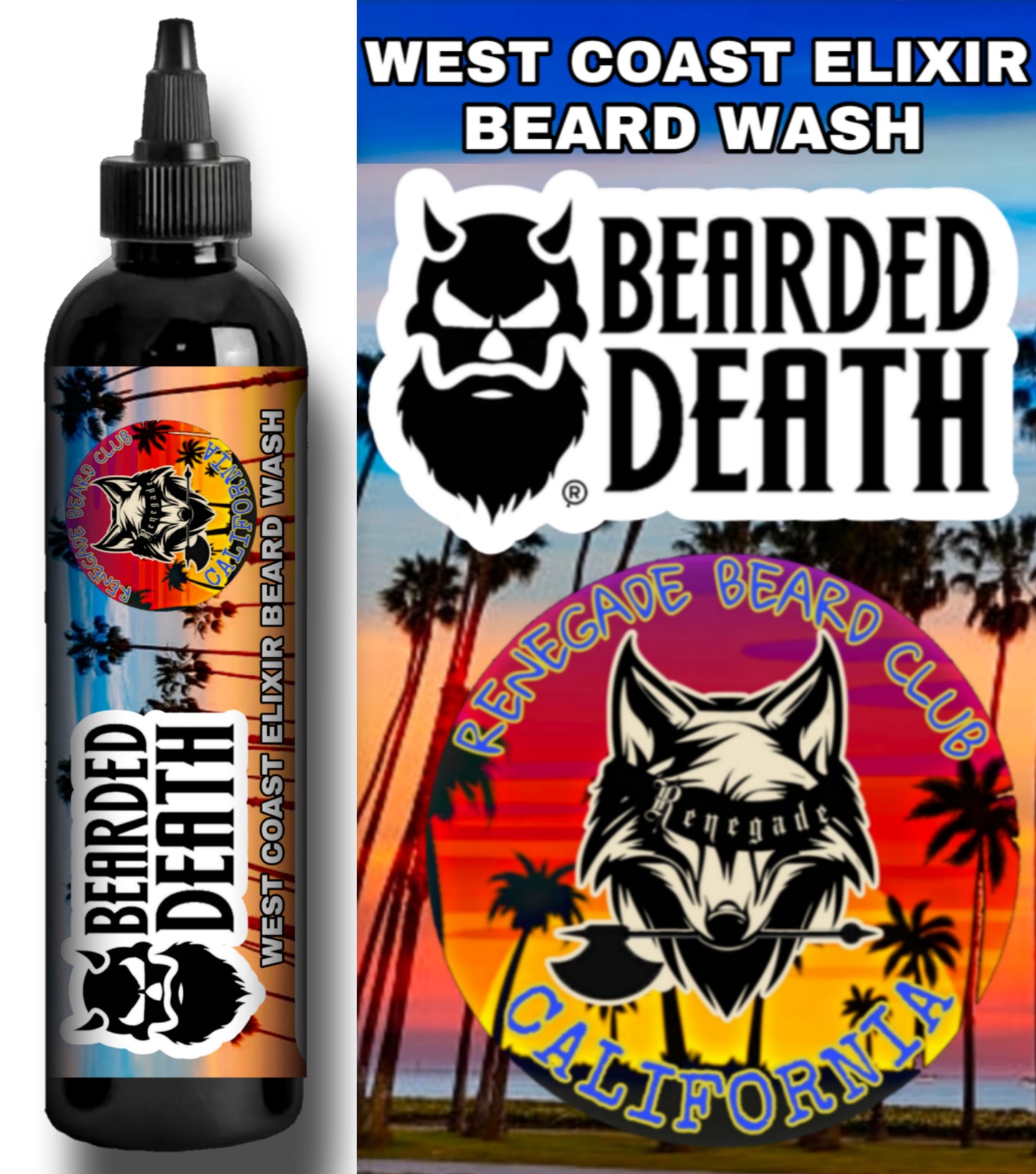 BEARDED DEATH/ RENEGADE BEARD CLUB CALIFORNIA WEST COAST ELIXIR BEARD WASH 8 oz.