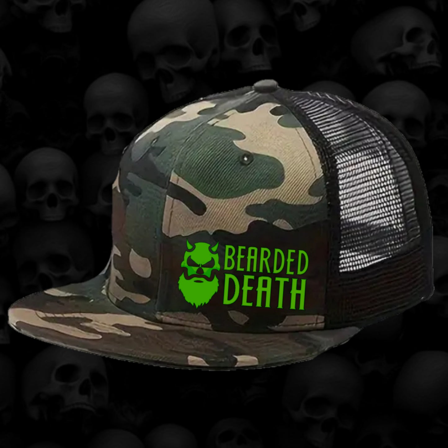 BEARDED DEATH 2.0 LOGO CAMO MESH SNAPBACK HAT