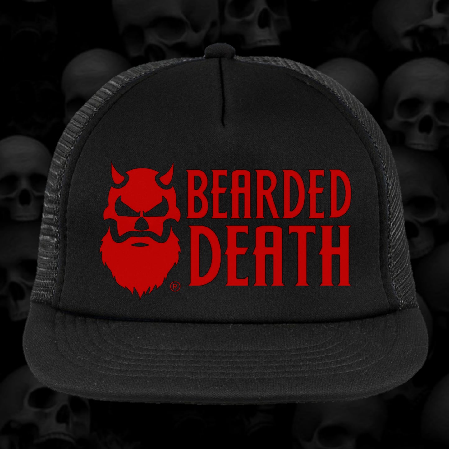 BEARDED DEATH BLACK FRONT/ RED LOGO TRUCKER HAT