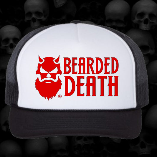 BEARDED DEATH WHITE FRONT/ RED LOGO TRUCKER HAT