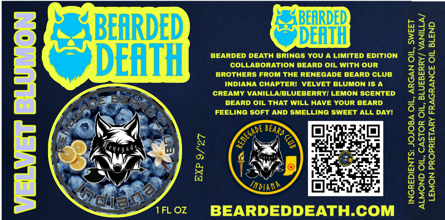 BEARDED DEATH/ RENEGADE BEARD CLUB INDIANA CHAPTER VELVET BLUMON COLLABORATION BEARD OIL 1 oz.