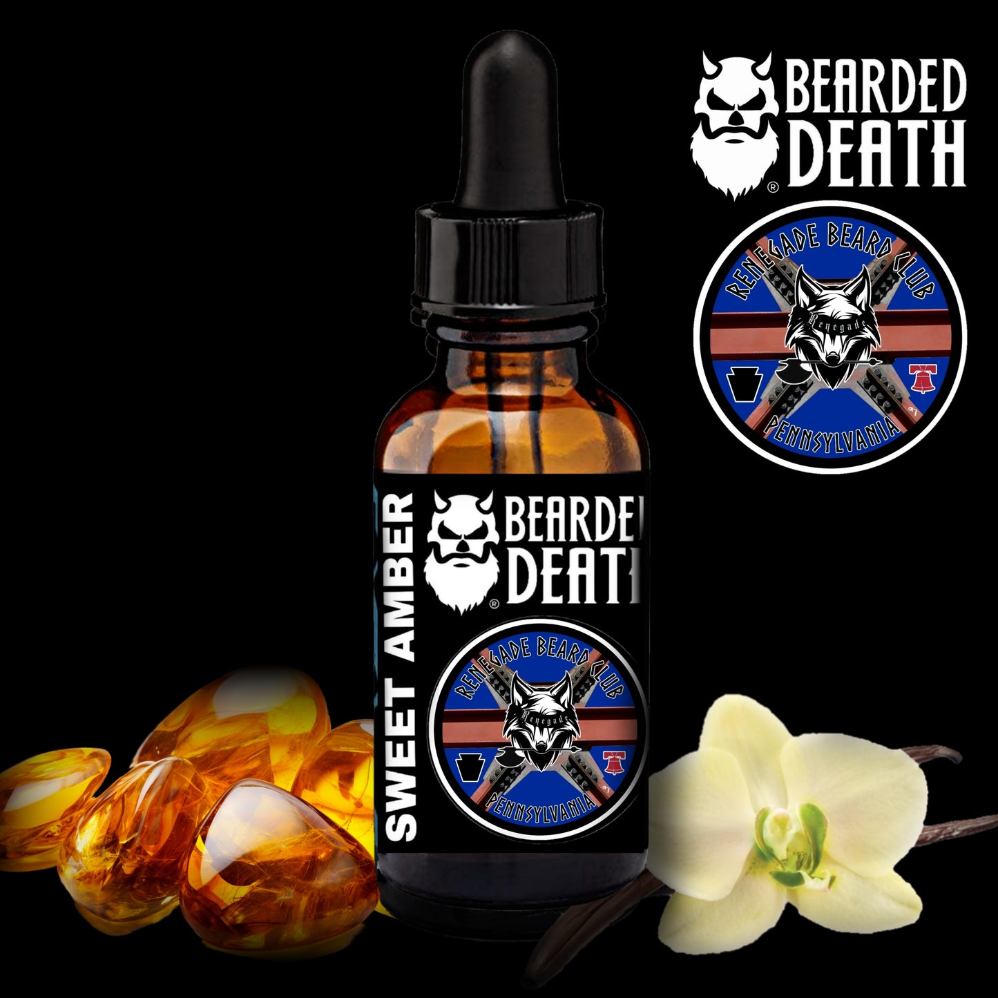 BEARDED DEATH/ RENEGADE BEARD CLUB PA CHAPTER SWEET AMBER COLLABORATION BEARD OIL 1 oz.