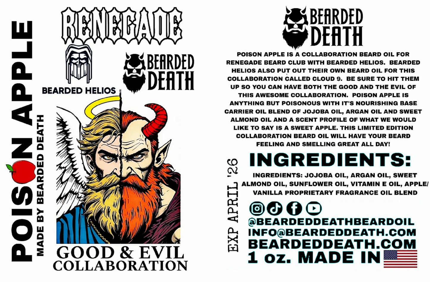 BEARDED DEATH/ BEARDED HELIOS/ RENEGADE BEARD CLUB POISON APPLE COLLABORATION BEARD OIL 1 oz