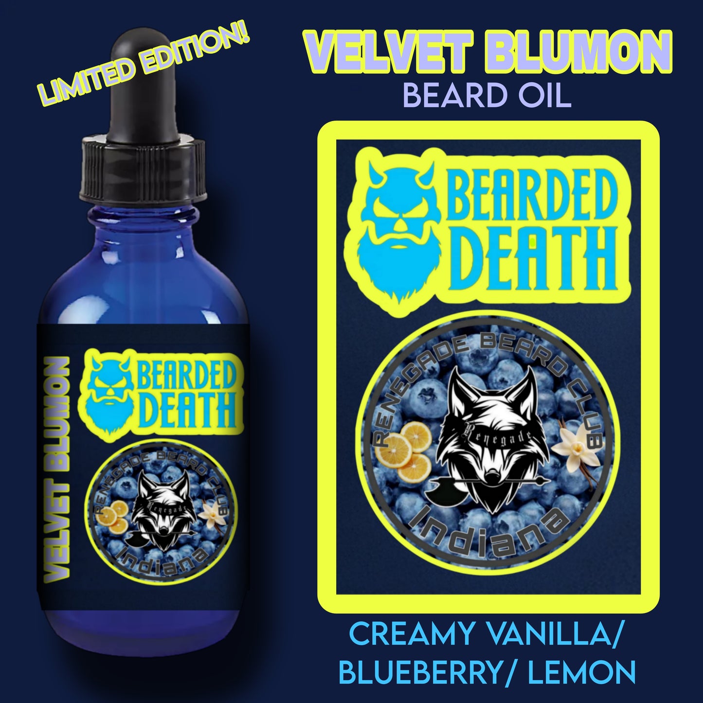 BEARDED DEATH/ RENEGADE BEARD CLUB INDIANA CHAPTER VELVET BLUMON COLLABORATION BEARD OIL 1 oz.