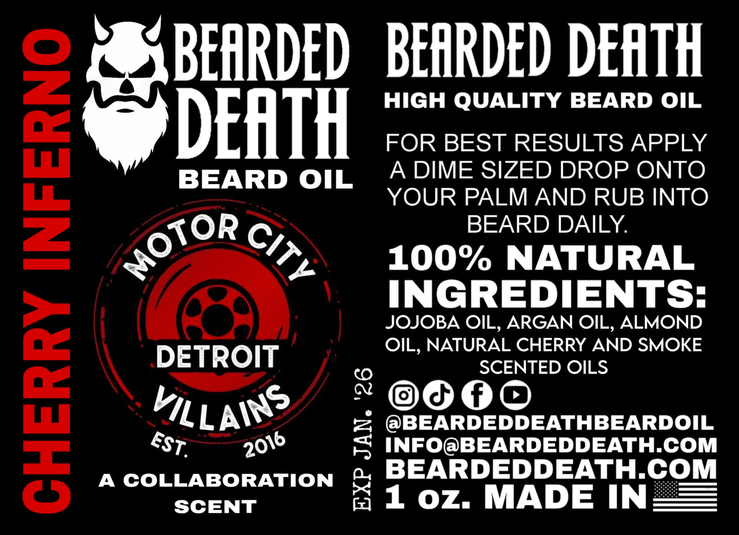 BEARDED DEATH/ MOTOR CITY VILLAINS CHERRY INFERNO BEARD OIL 1oz. PREOR